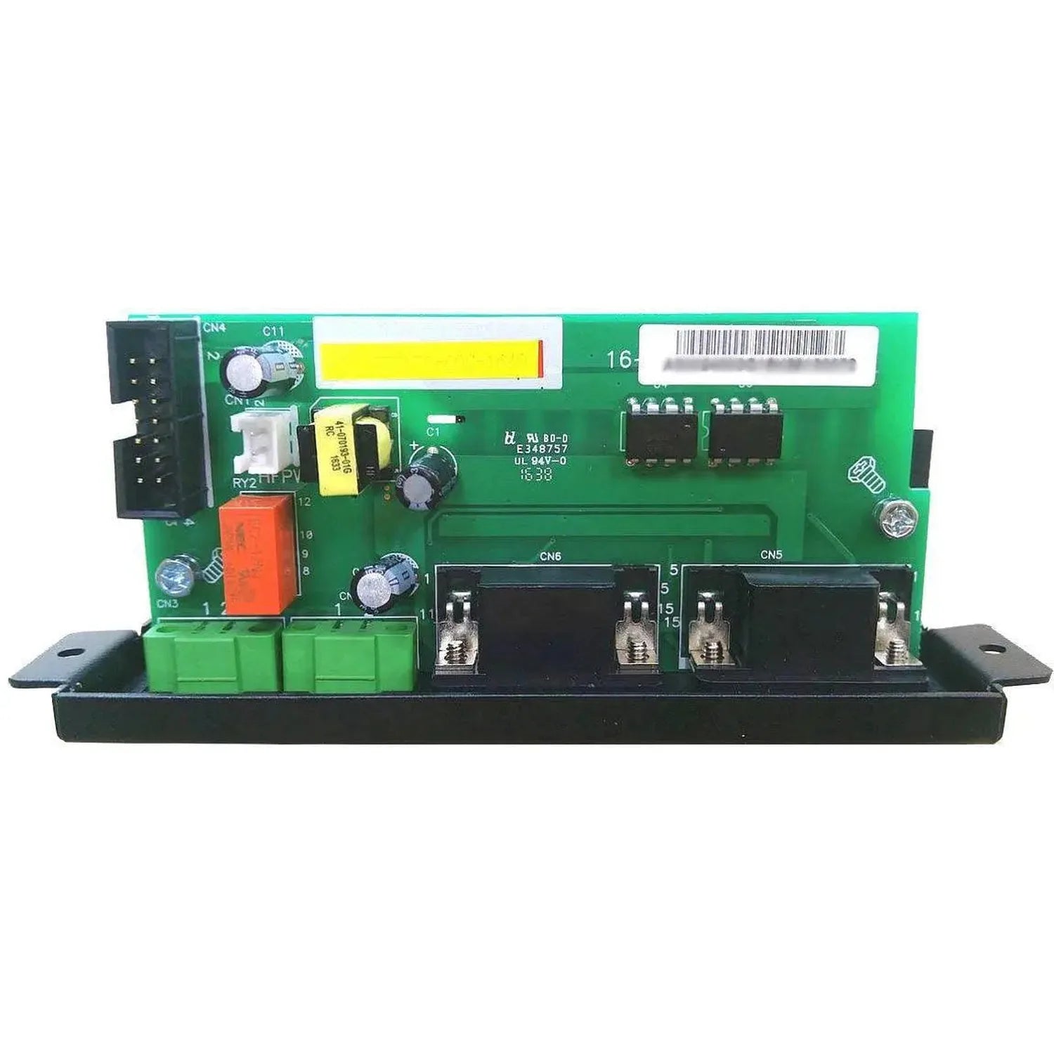 Green circuit board control module with integrated components, connectors, and black mounting bracket for parallel inverter k