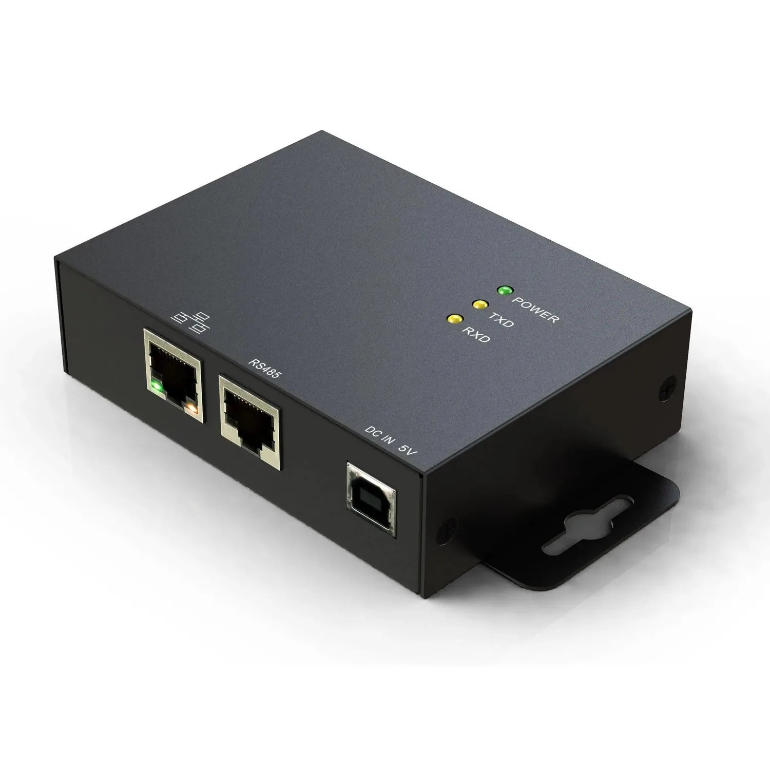 Black rectangular device with two RJ45 network ports, one USB port, status indicator lights, and 5V power input labeled for h