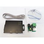 Webbox Modbus monitoring kit contents: black device with status lights, ethernet cable, CD, and green circuit board module.
