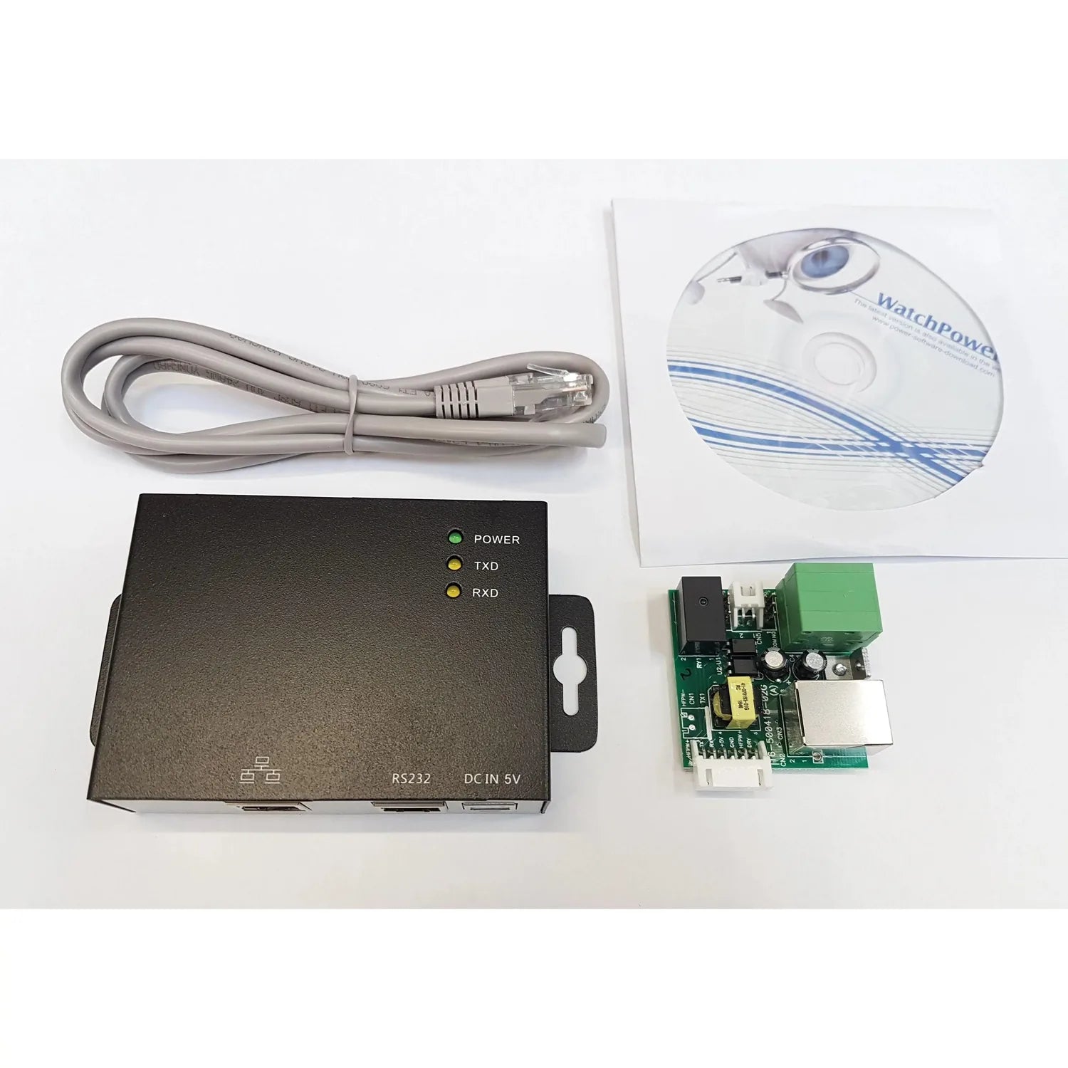 Webbox Modbus monitoring kit contents: black device with status lights, ethernet cable, CD, and green circuit board module.