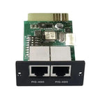 Dual RS-485 communication card with green circuit board and black connector panel for off-grid hybrid inverters.