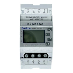 Eastron SDM630-Modbus V2 energy meter mounted on DIN rail with display screen, terminal blocks, and control buttons.