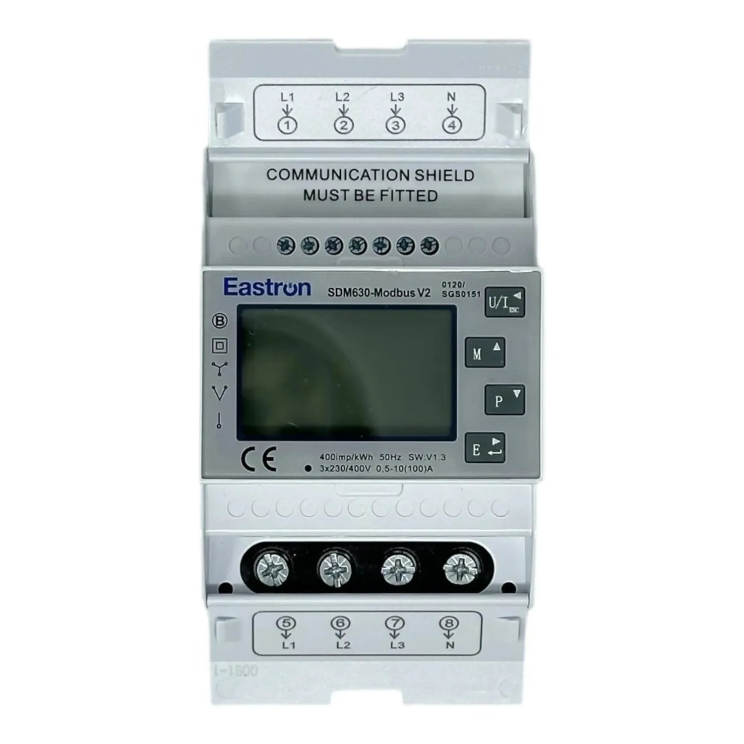 Eastron SDM630-Modbus V2 energy meter mounted on DIN rail with display screen, terminal blocks, and control buttons.