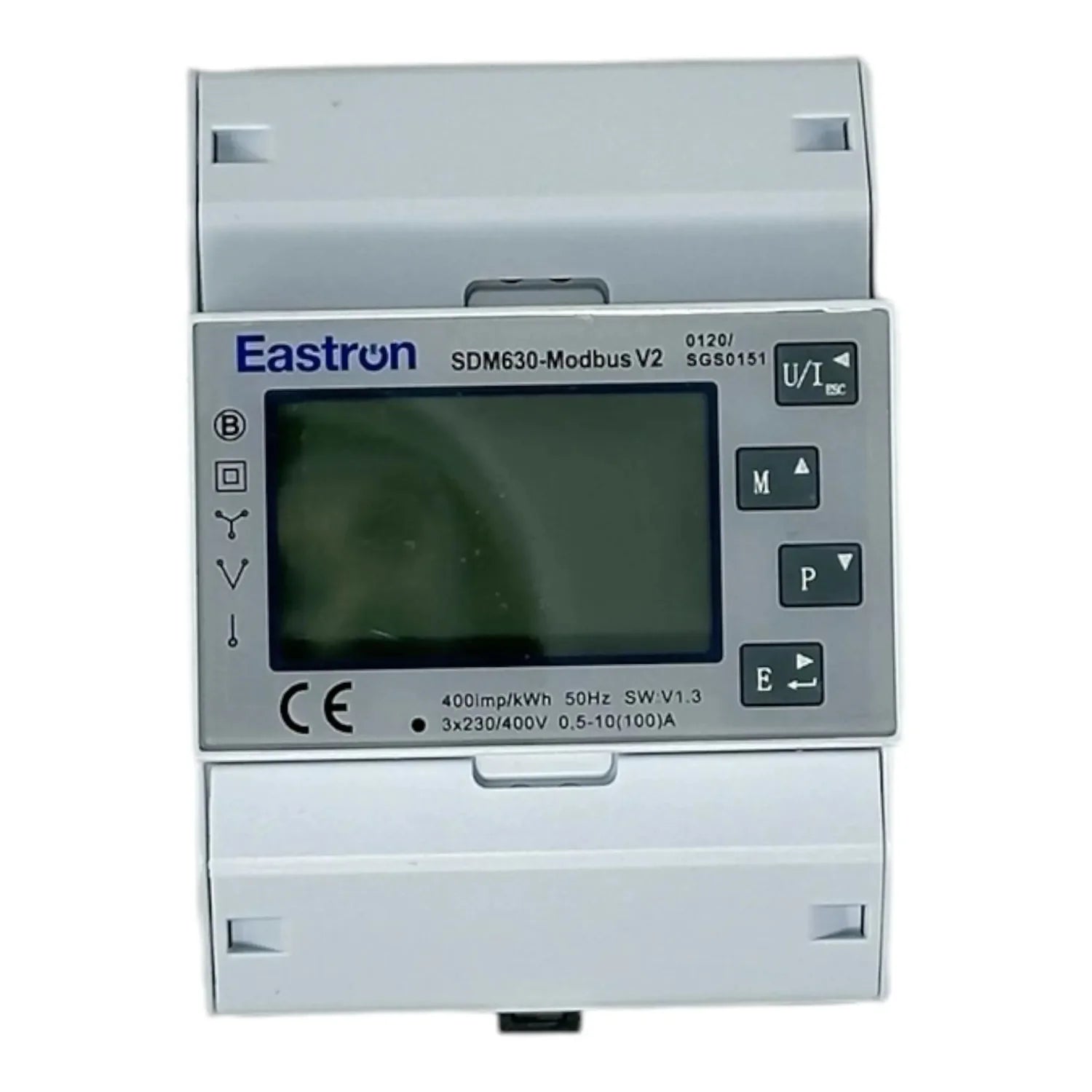 Eastron SDM630-Modbus V2 energy meter mounted on DIN rail with LCD display and control buttons on front face.