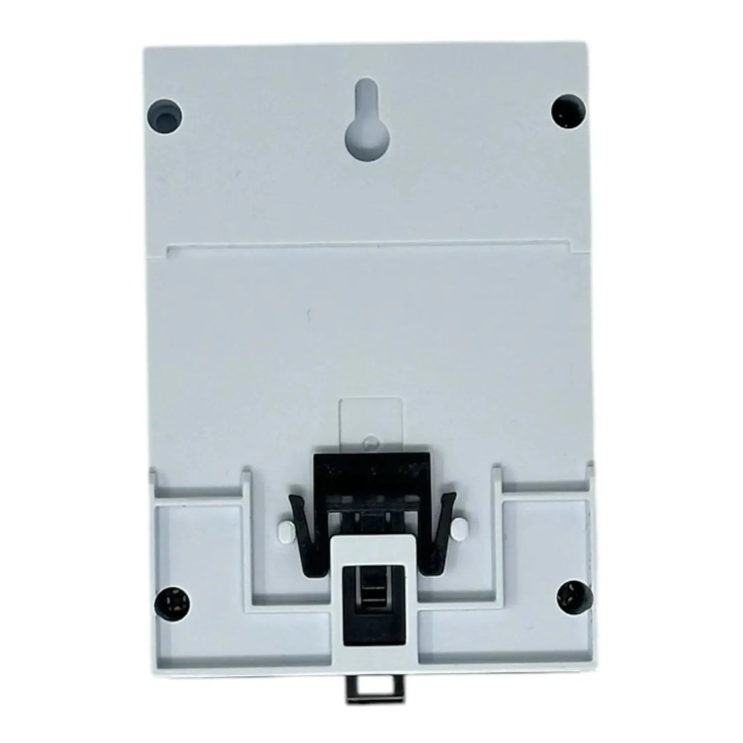 White modular circuit breaker panel with gray toggle switch, black central mechanism, and mounting holes visible in this fron