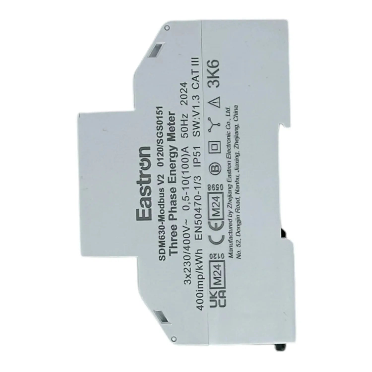 Eastron SDM630-V2 three phase energy meter label showing specifications including 50Hz, 230/400V, and MID certification marki