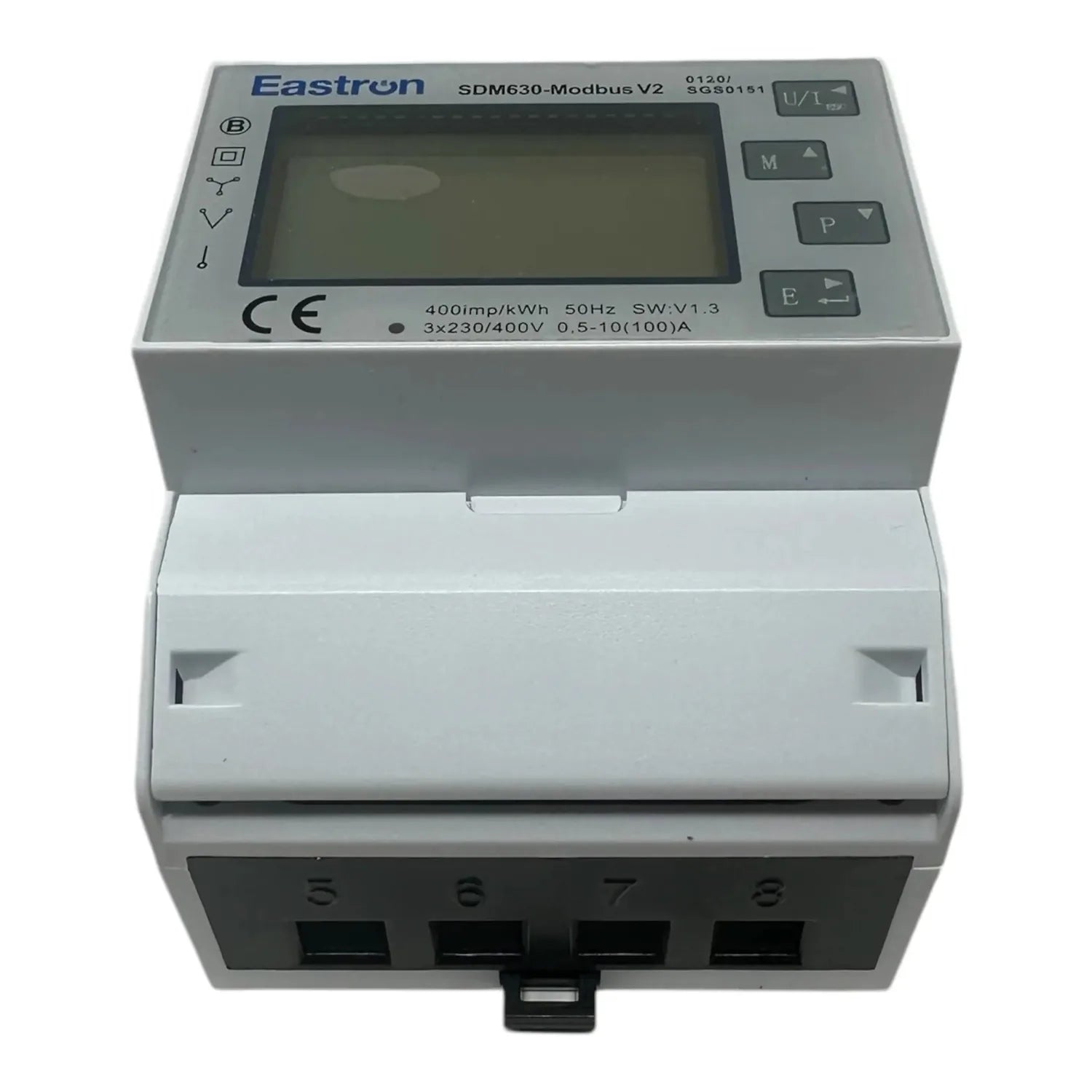 Eastron SDM630-Modbus V2 three-phase energy meter with LCD display and terminal connections, front view.