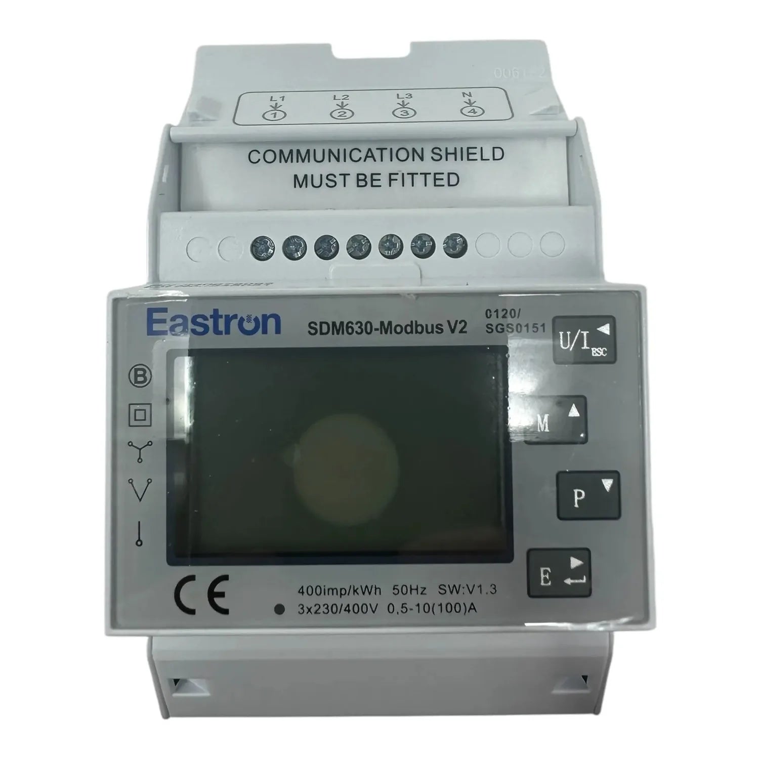 Eastron SDM630-Modbus V2 energy meter mounted on DIN rail with display screen and control buttons, showing terminal block and
