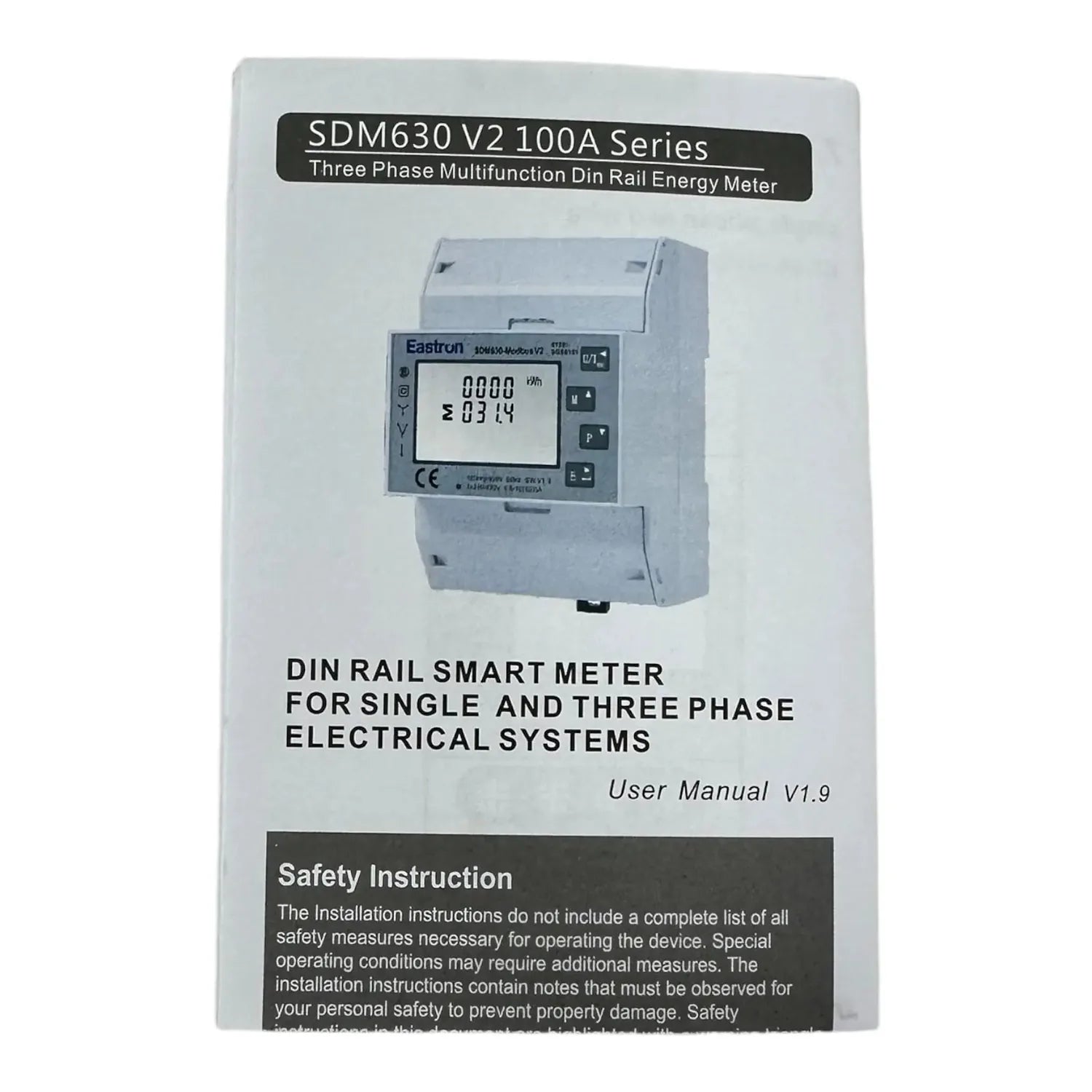 User manual cover for SDM630 V2 100A Series three phase DIN rail energy meter by Eastron, showing device photo and safety ins