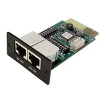 RS-485 Modbus communication card with dual RJ45 connectors and green circuit board with microchip components.