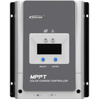 Epever MPPT solar charge controller with digital display, SELECT and ENTER buttons, mounted on wall with terminal connections