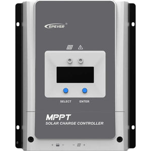 Epever MPPT solar charge controller with digital display, SELECT and ENTER buttons, mounted on wall with terminal connections
