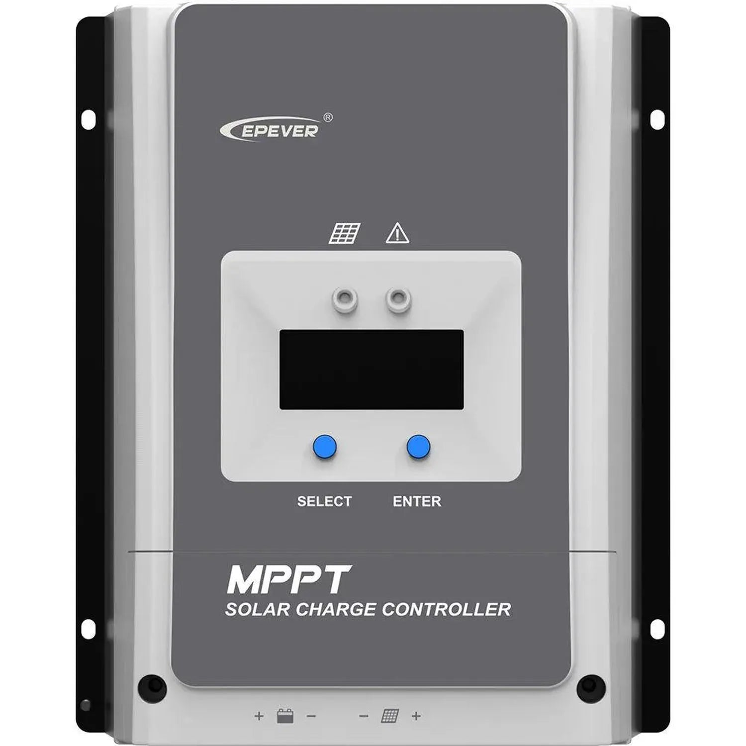 Epever MPPT solar charge controller with digital display, SELECT and ENTER buttons, mounted on wall with terminal connections