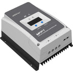 Epever MPPT solar charge controller with dark gray top panel, white body, black heat sink fins, digital display with two blue