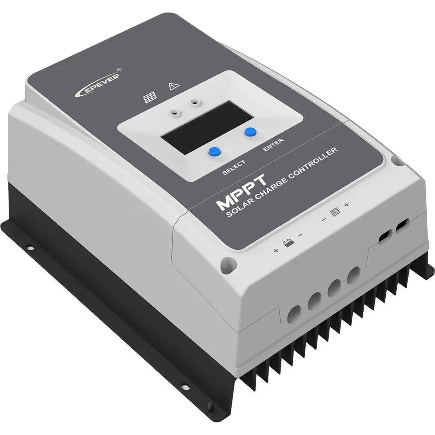 Epever MPPT solar charge controller with dark gray top panel, white body, black heat sink fins, digital display with two blue