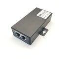 Gray metal box with two RJ45 ports labeled RS-485, mounting bracket, and white certification label on top, product alone on w