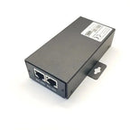 Gray metal box with two RJ45 ports labeled RS-485, mounting bracket, and white certification label on top, product alone on w