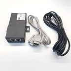 BMS RS485 communication box with two network ports, DB9 serial connector cable, and black power cable displayed separately on
