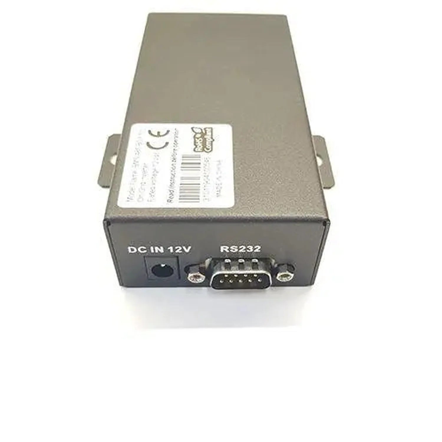 Gray rectangular device with DC IN 12V power inlet and RS232 connector port, product label visible on top.