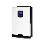 White and black wall-mounted solar inverter with blue digital display panel and control buttons.