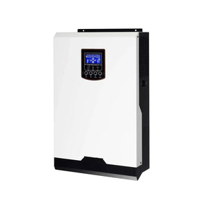 White and black wall-mounted solar inverter with blue digital display panel and control buttons.