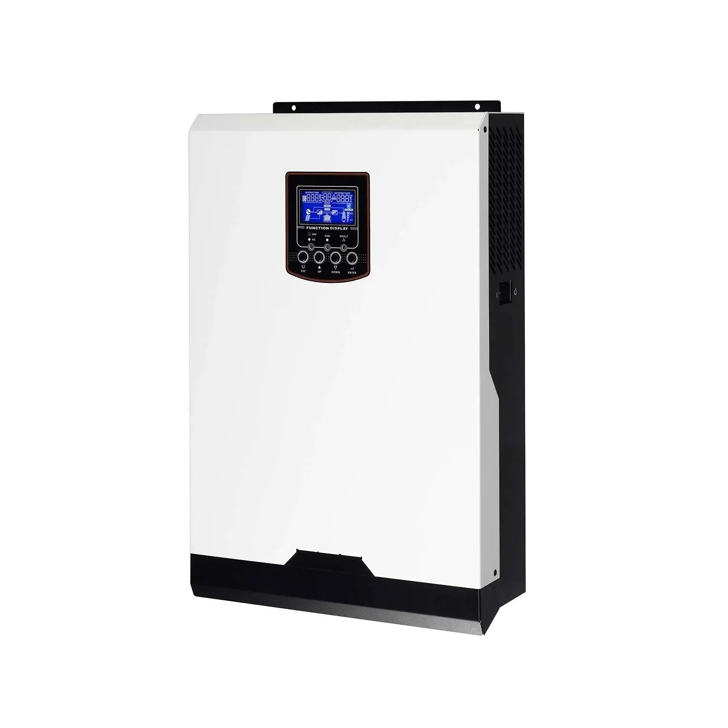 White and black wall-mounted solar inverter with blue digital display panel and control buttons.