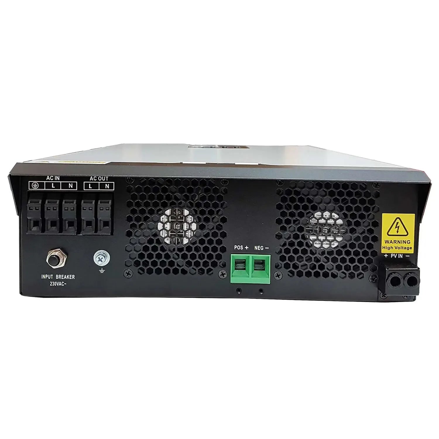 Rear panel of 5kW 48V off-grid solar inverter showing AC input/output terminals, input breaker, cooling fans, green terminal 