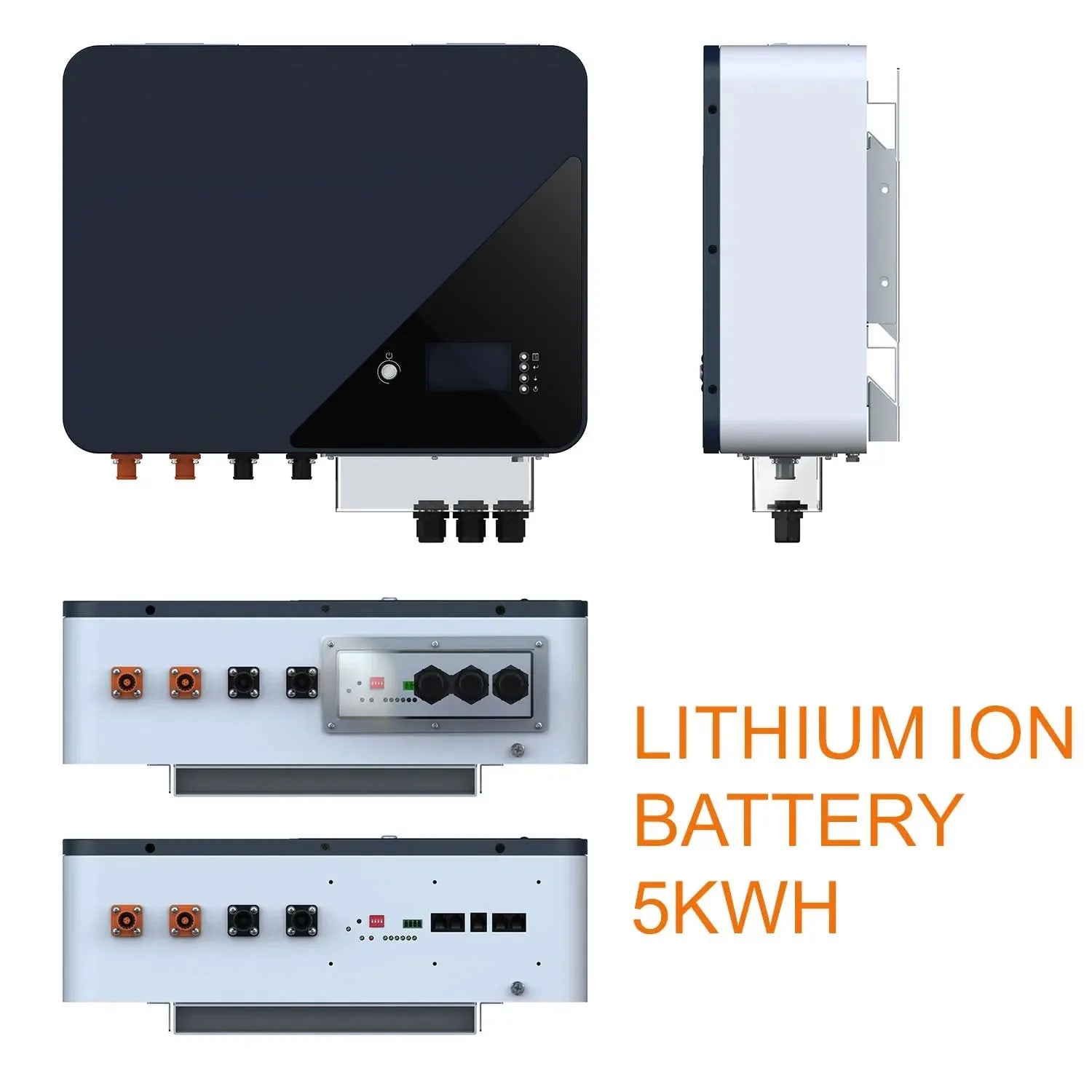 Multiple views of 5kWh lithium ion battery system showing front, side, and internal connection panels with orange and black t