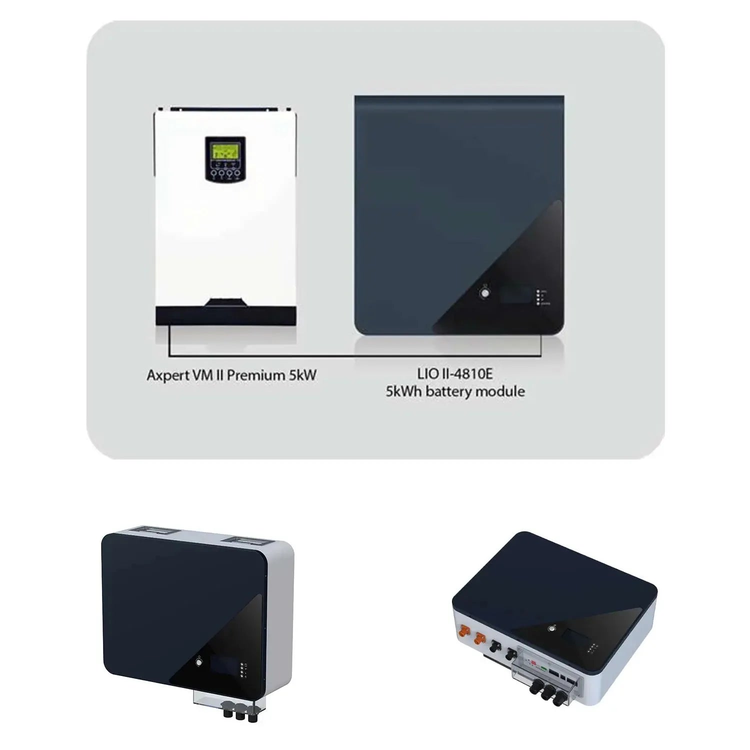 Axpert VM II Premium 5kW inverter paired with LIO II-4810E 5kWh battery module, shown in three angles including wall-mounted 