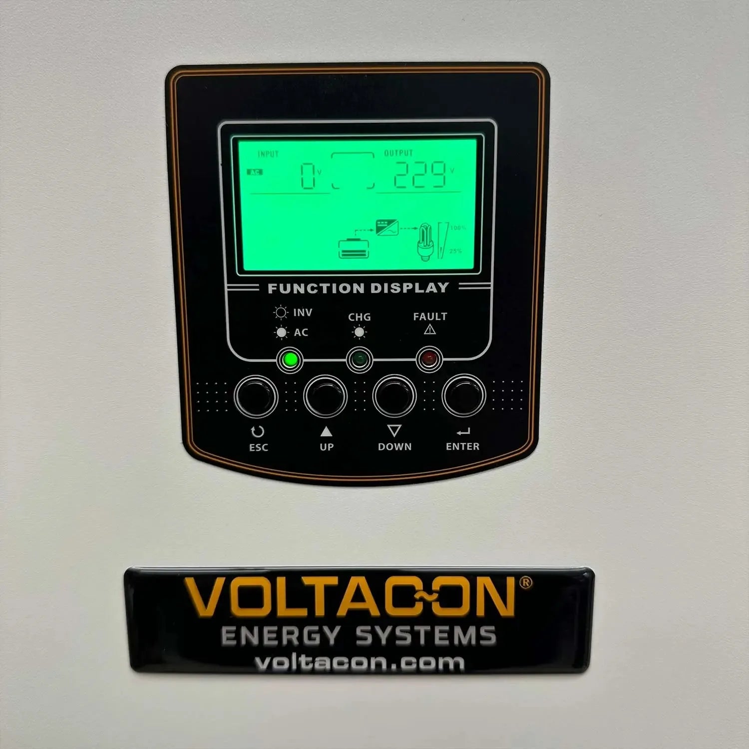 Voltacon Energy Systems solar inverter control display panel with green LCD screen showing input and output readings, functio