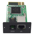 Green circuit board with black front panel showing two network ports and binary symbols, top view.