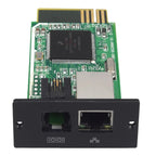 Green circuit board with black front panel showing two network ports and binary symbols, top view.
