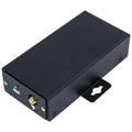 Black rectangular Wi-Fi monitoring box with green LED indicator, gold antenna connector, and wall-mounted bracket, shown at a