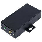 Black rectangular Wi-Fi monitoring box with green LED indicator, gold antenna connector, and wall-mounted bracket, shown at a