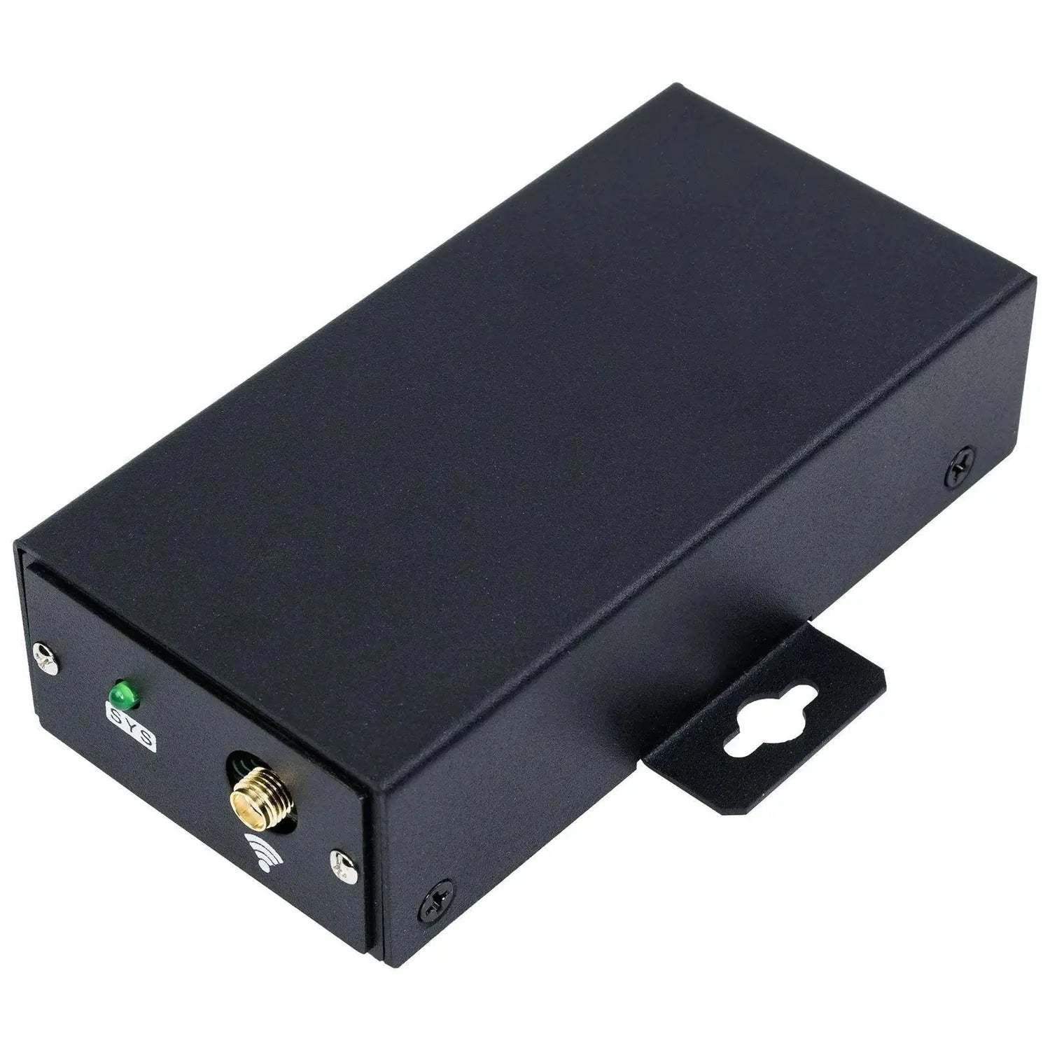Black rectangular Wi-Fi monitoring box with green LED indicator, gold antenna connector, and wall-mounted bracket, shown at a