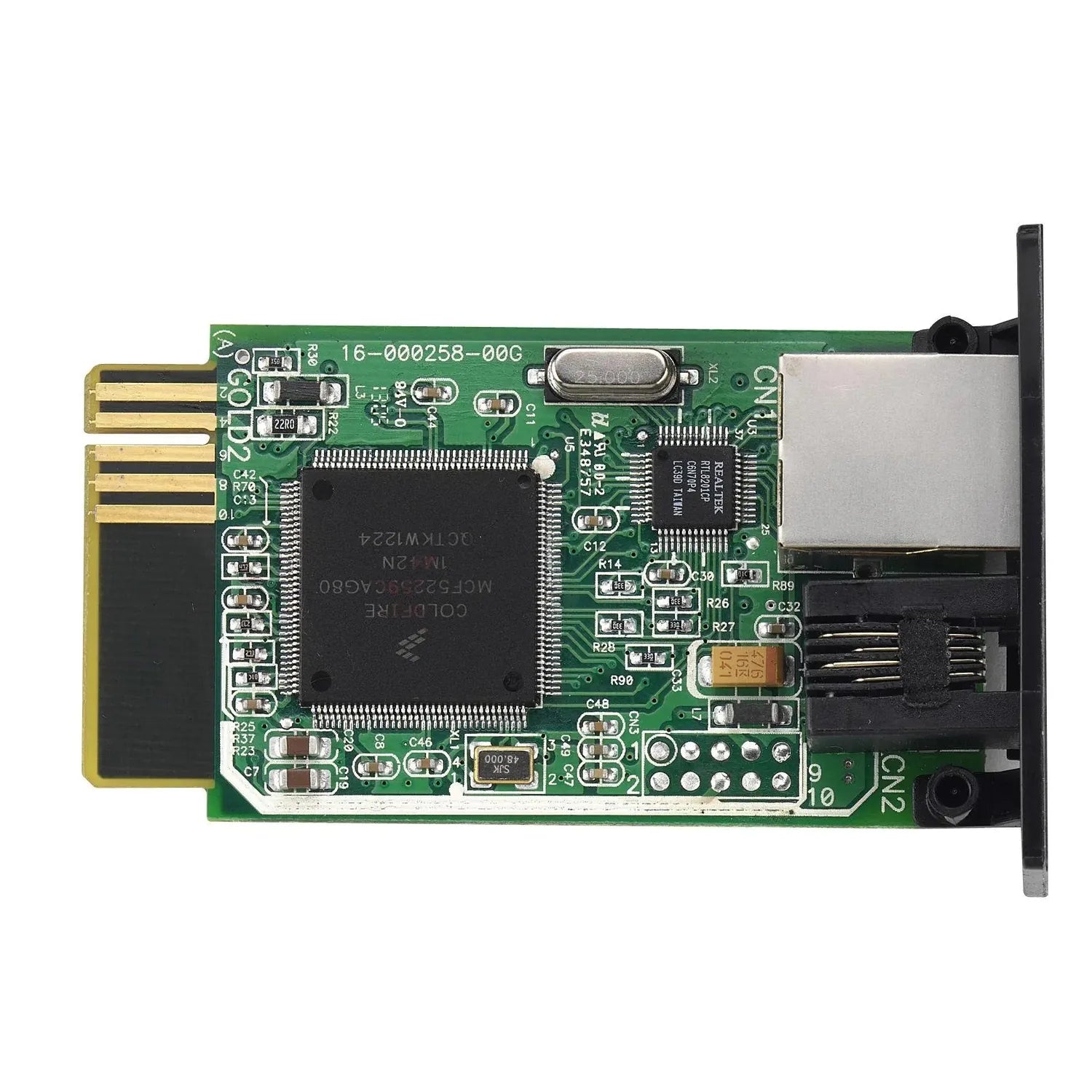 Green circuit board with gold connectors, crystal oscillator, and black antenna for inverter network monitoring.