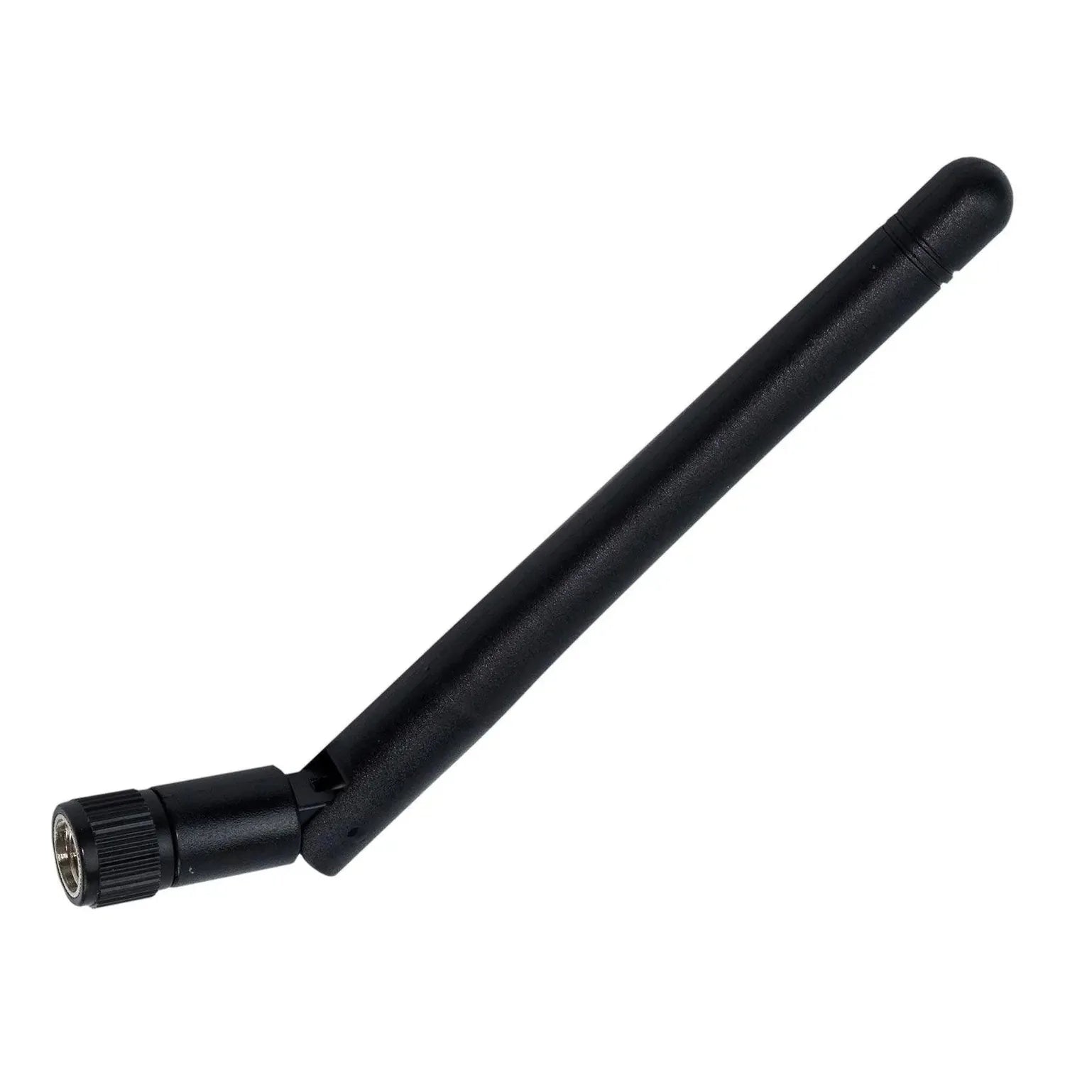 Black swivel antenna with threaded connector base for Wi-Fi monitoring box, isolated on white background.