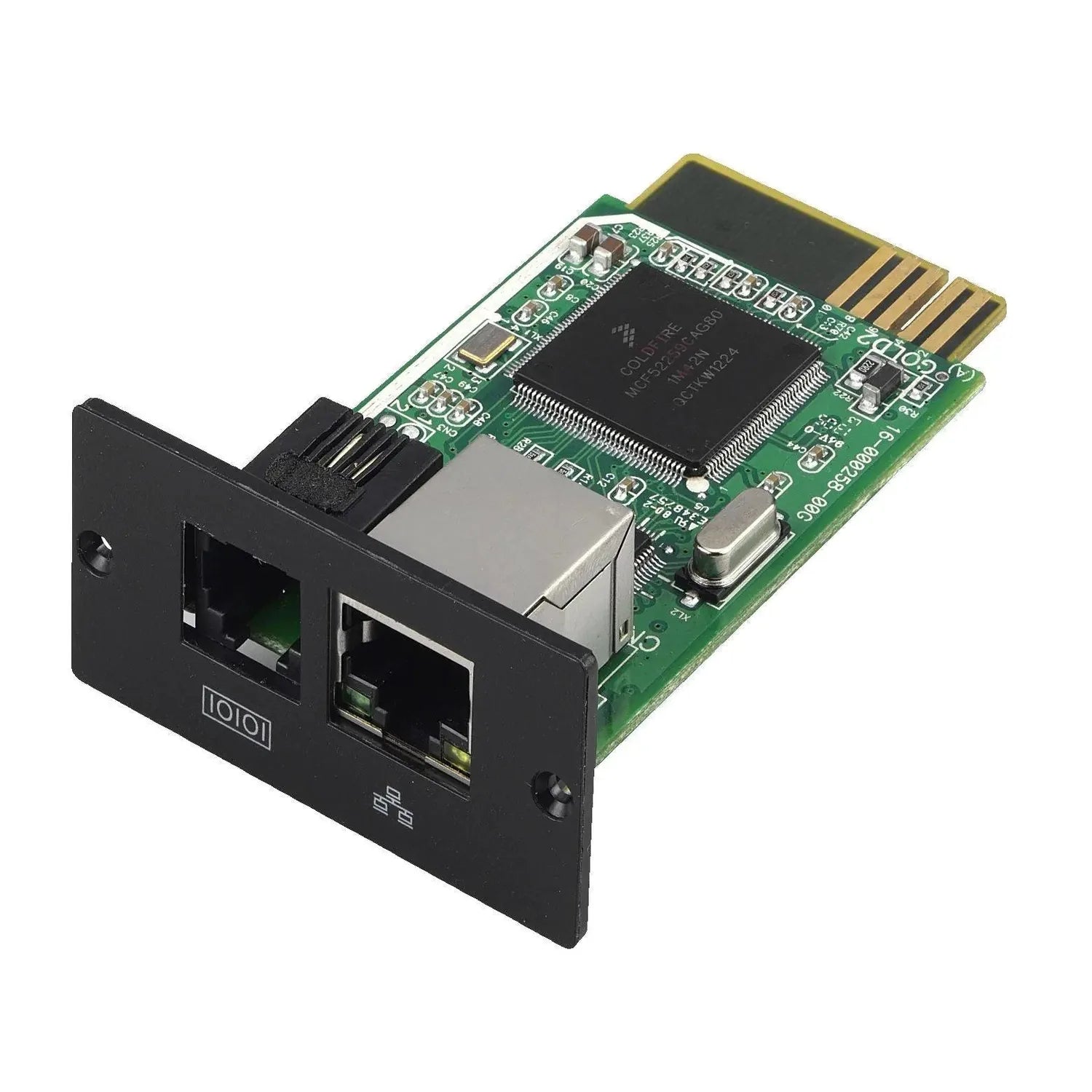 SNMP Web Card module showing circuit board with Ethernet port and gold-plated edge connector for Axpert inverter installation