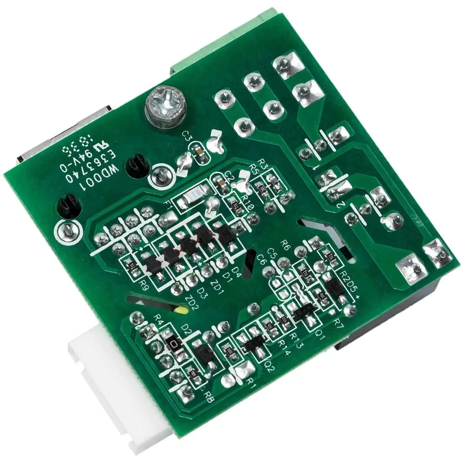Green circuit board with terminal blocks, resistors, and capacitors for Wi-Fi monitoring box, top-down view.