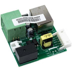 Wi-Fi monitoring box circuit board with green terminal blocks, transformer, and barcode label for InfiniSolar hybrid inverter
