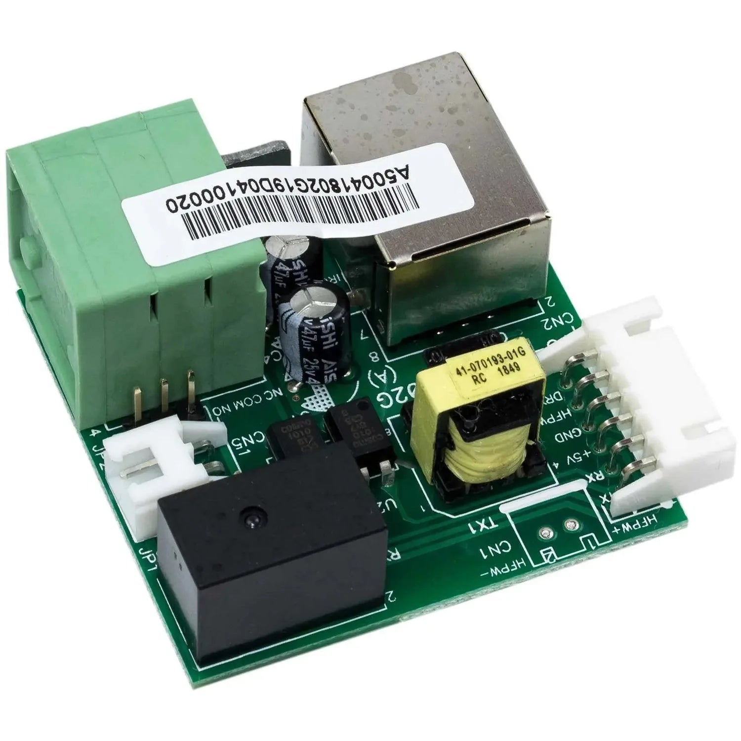 Wi-Fi monitoring box circuit board with green terminal blocks, transformer, and barcode label for InfiniSolar hybrid inverter