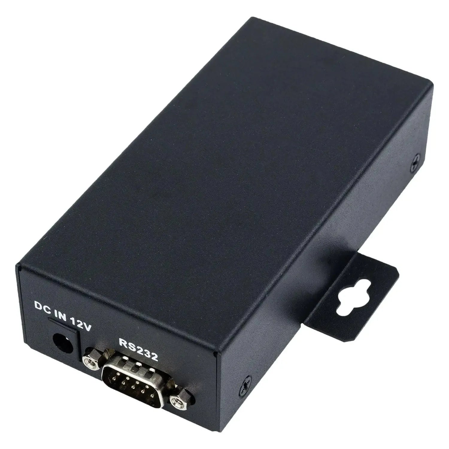Black rectangular monitoring box with DC IN 12V and RS232 connector ports, wall-mounted bracket visible.
