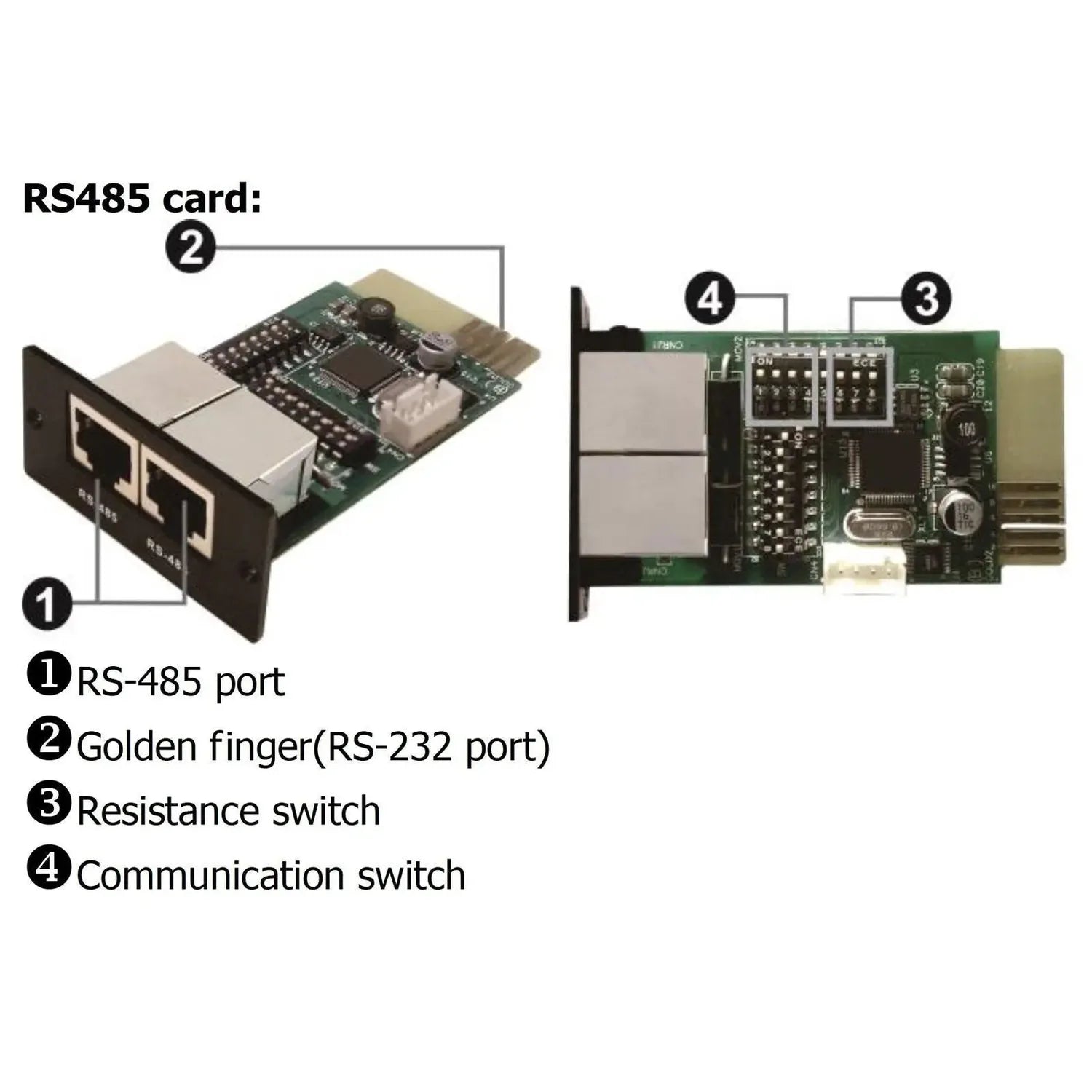 RS485 communication card with labeled components showing RS-485 port, RS-232 golden finger connector, resistance switch, and 