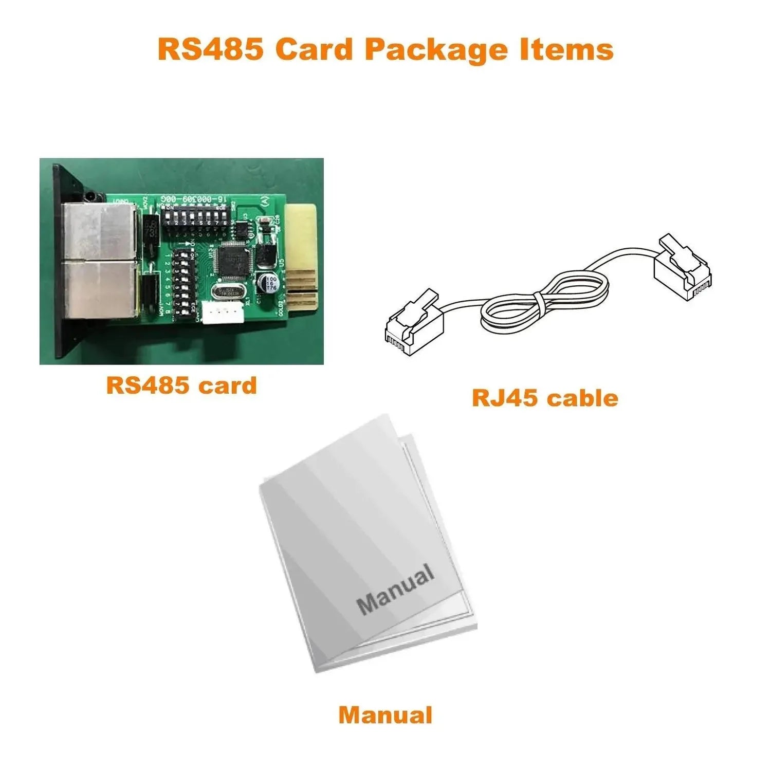 RS485 Card Package contents: green circuit board card, RJ45 cable with connectors, and instruction manual.
