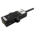 Black Wi-Fi monitoring module with external antenna, DB9 connector, barcode and QR code labels visible on body and top panel.