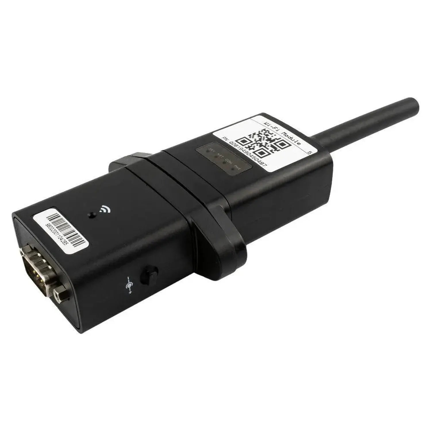 Black Wi-Fi monitoring module with external antenna, DB9 connector, barcode and QR code labels visible on body and top panel.