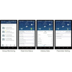 Mobile app interface screenshots showing device monitoring, real-time inverter status, historical data, and parameter setting