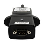 Black Wi-Fi monitoring module with antenna, QR code label on top, barcode on front, and DB9 connector port on bottom.