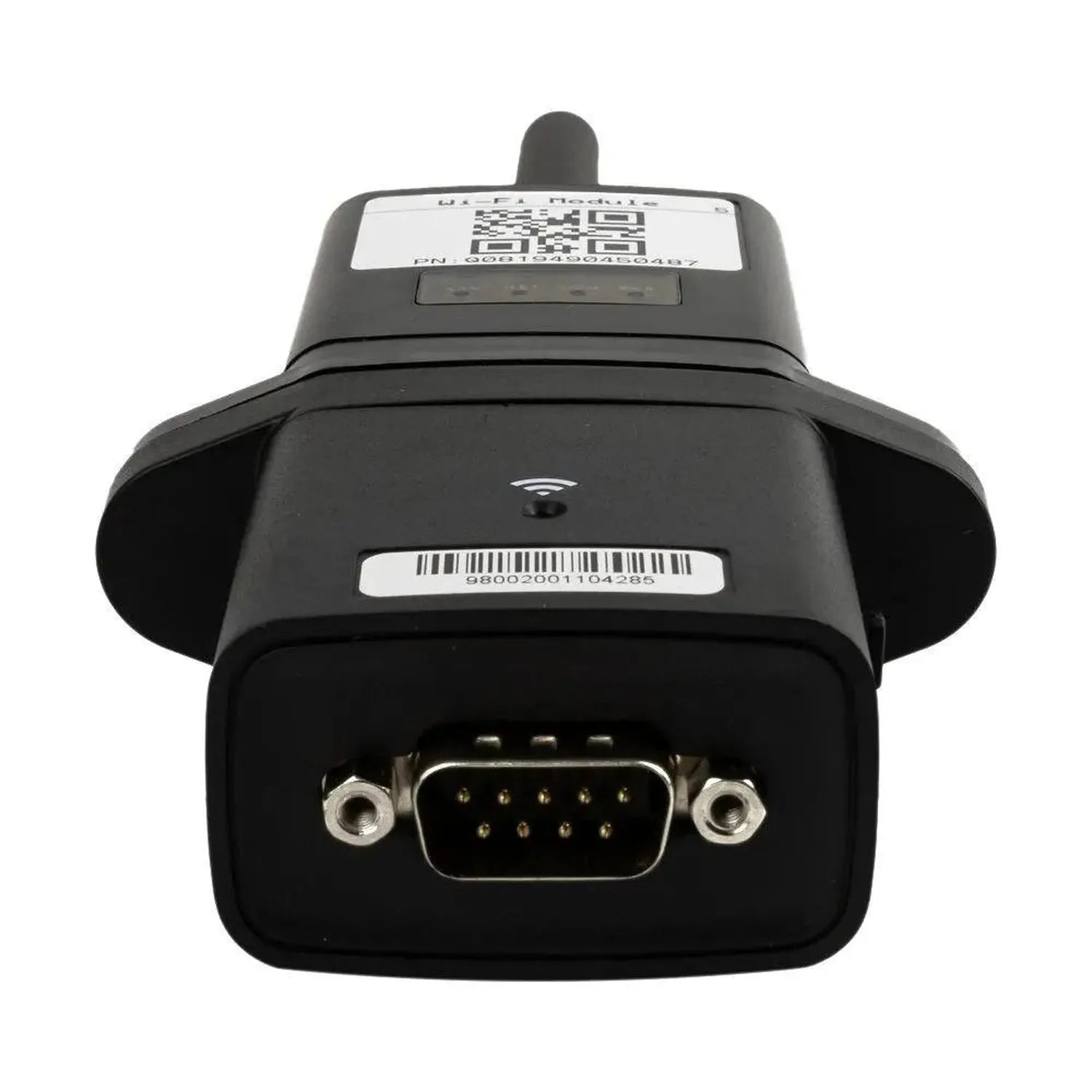 Black Wi-Fi monitoring module with antenna, QR code label on top, barcode on front, and DB9 connector port on bottom.