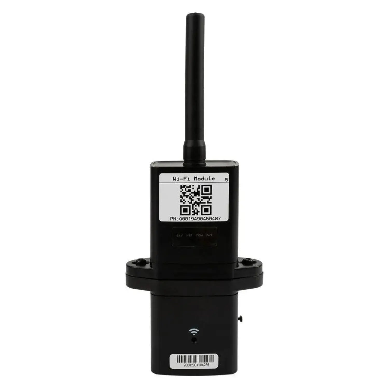 Black cylindrical Wi-Fi module with antenna, QR code label, and barcode, displayed as standalone product.